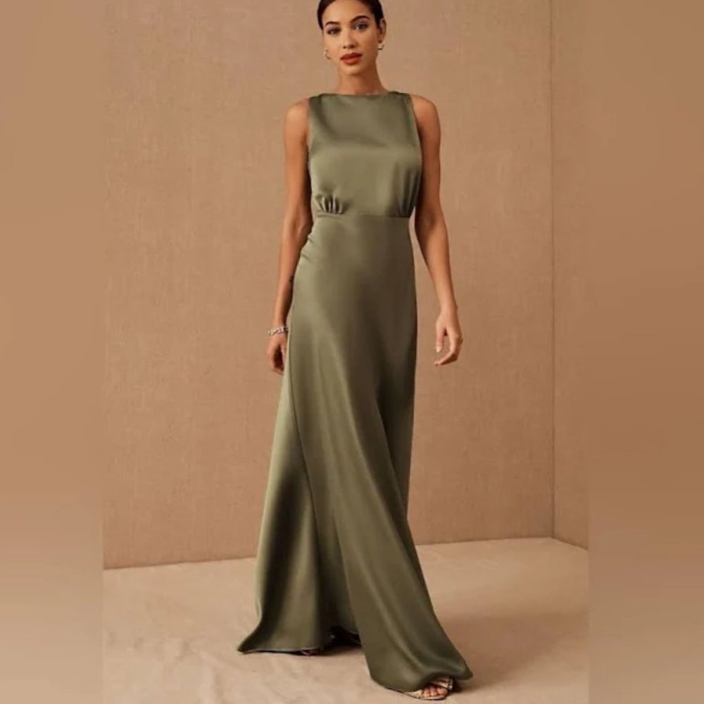BHLDN Beckett Satin Charmeuse Maxi Dress - Color: Moss